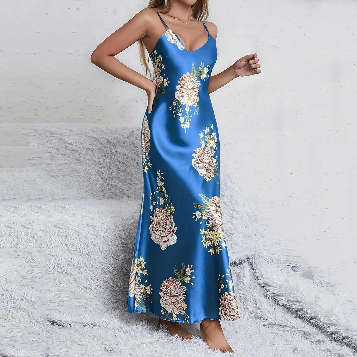 Women Vintage Silk Nightgown Floral Print V Neck Long Slip Dress Sexy Chemise Lingerie Ladies Split Side Sleepdress