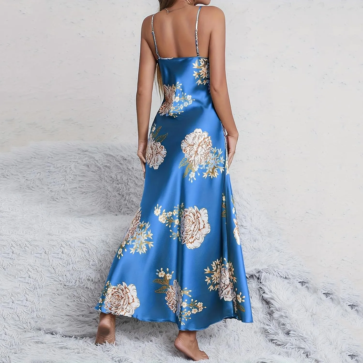 Women Vintage Silk Nightgown Floral Print V Neck Long Slip Dress Sexy Chemise Lingerie Ladies Split Side Sleepdress