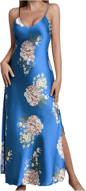 Women Vintage Silk Nightgown Floral Print V Neck Long Slip Dress Sexy Chemise Lingerie Ladies Split Side Sleepdress