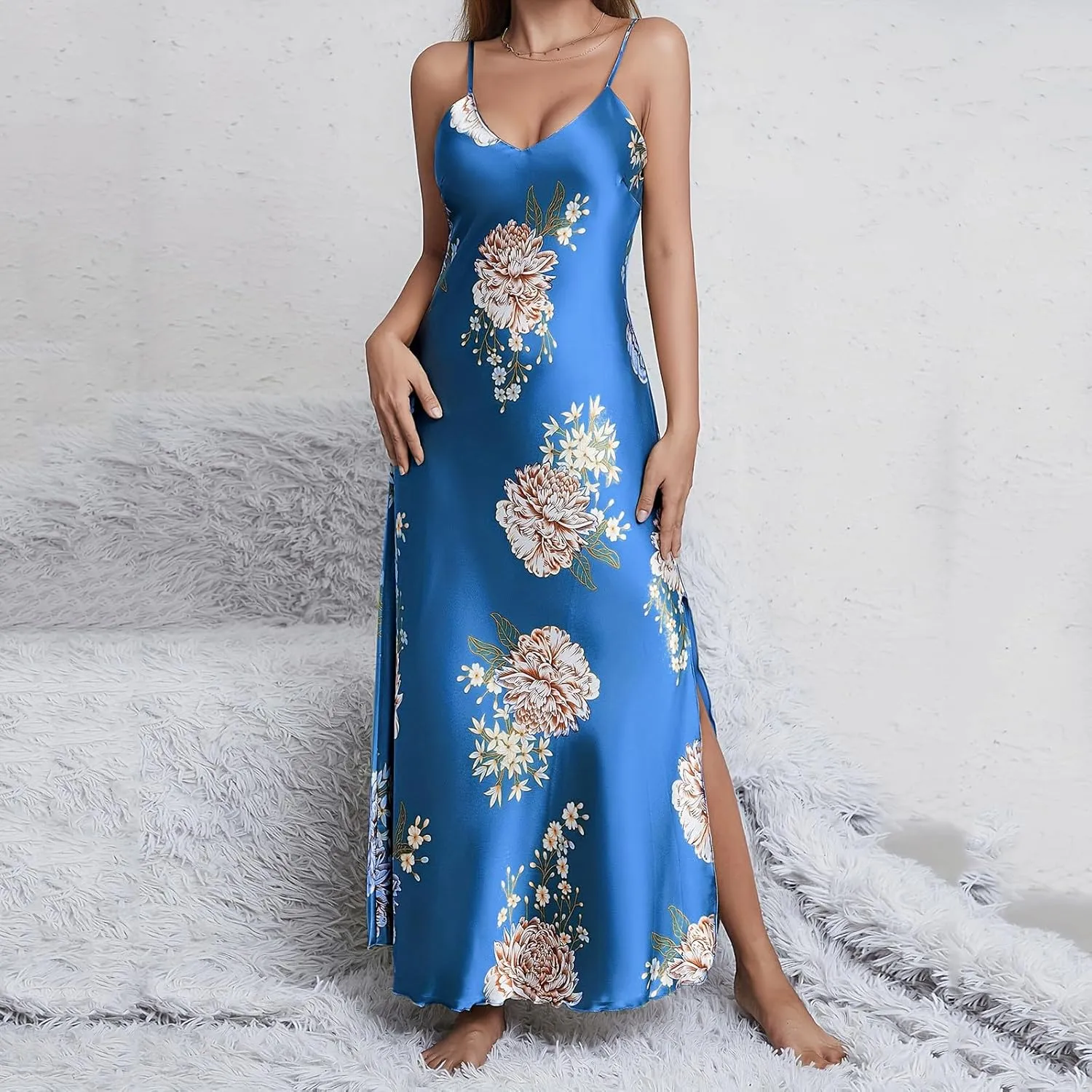 Women Vintage Silk Nightgown Floral Print V Neck Long Slip Dress Sexy Chemise Lingerie Ladies Split Side Sleepdress