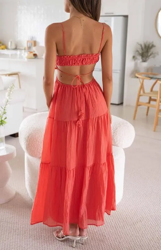 Women Y2K Spaghetti Strap Maxi Dress Ruffle Flowy Long Cami Dress Cut Out Ruched Tiered Slip Dress Beach Wear