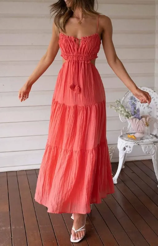 Women Y2K Spaghetti Strap Maxi Dress Ruffle Flowy Long Cami Dress Cut Out Ruched Tiered Slip Dress Beach Wear