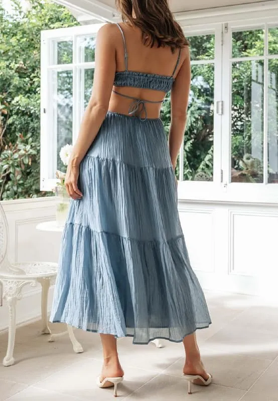 Women Y2K Spaghetti Strap Maxi Dress Ruffle Flowy Long Cami Dress Cut Out Ruched Tiered Slip Dress Beach Wear