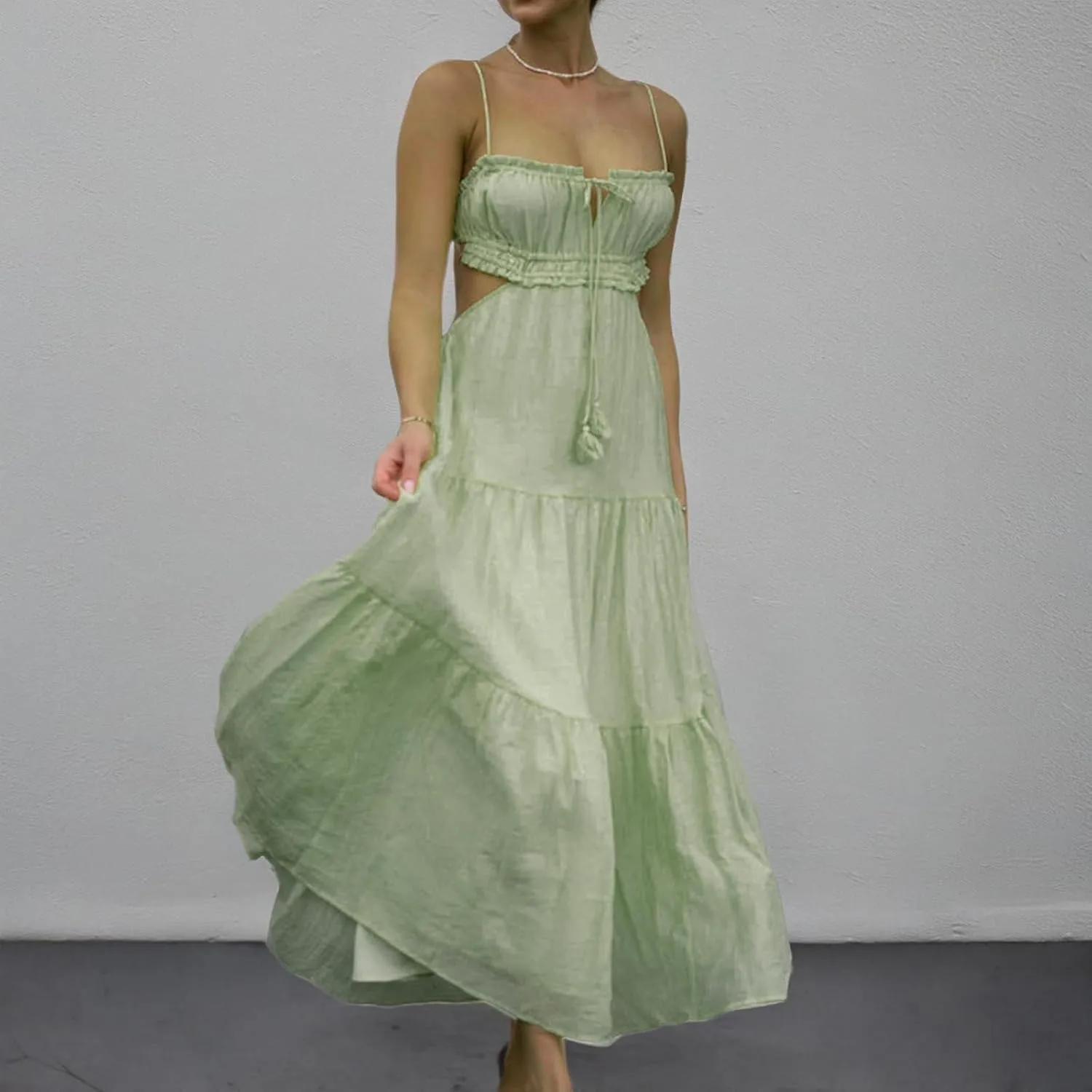 Women Y2K Spaghetti Strap Maxi Dress Ruffle Flowy Long Cami Dress Cut Out Ruched Tiered Slip Dress Beach Wear