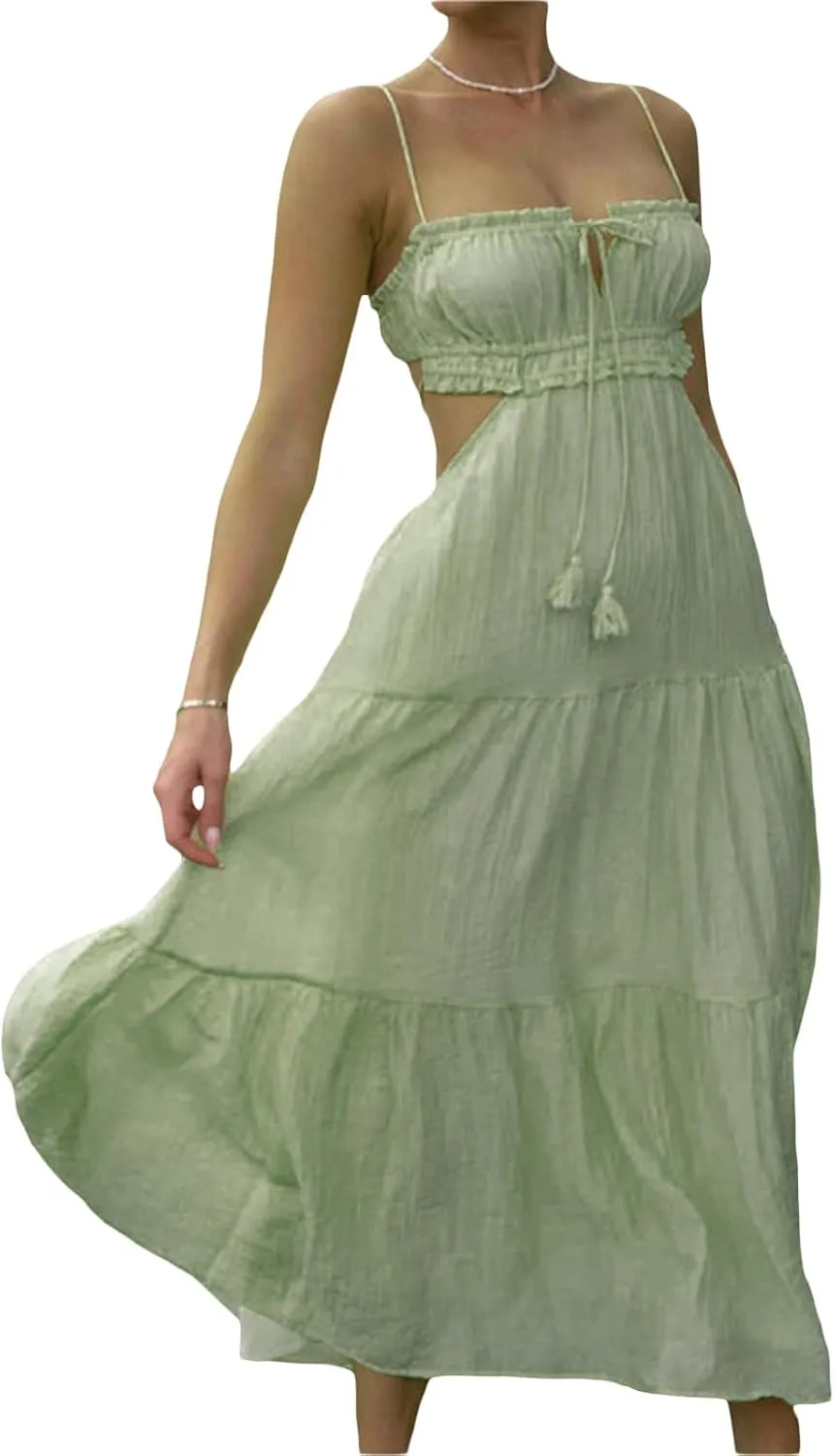 Women Y2K Spaghetti Strap Maxi Dress Ruffle Flowy Long Cami Dress Cut Out Ruched Tiered Slip Dress Beach Wear