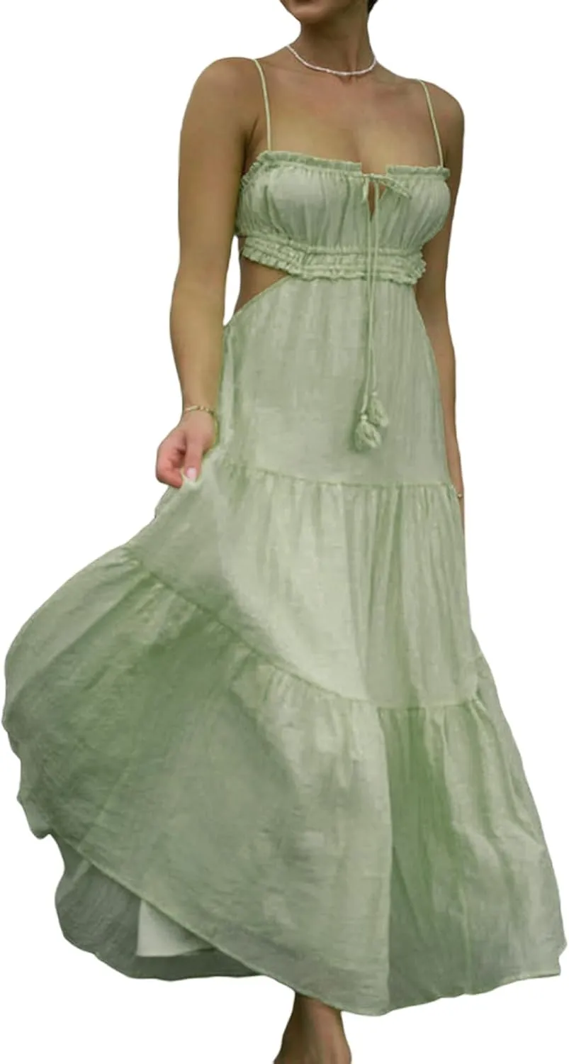 Women Y2K Spaghetti Strap Maxi Dress Ruffle Flowy Long Cami Dress Cut Out Ruched Tiered Slip Dress Beach Wear