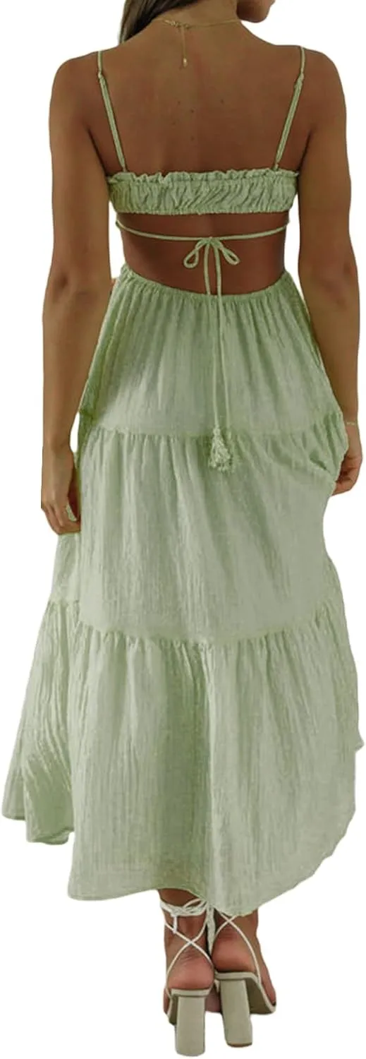 Women Y2K Spaghetti Strap Maxi Dress Ruffle Flowy Long Cami Dress Cut Out Ruched Tiered Slip Dress Beach Wear