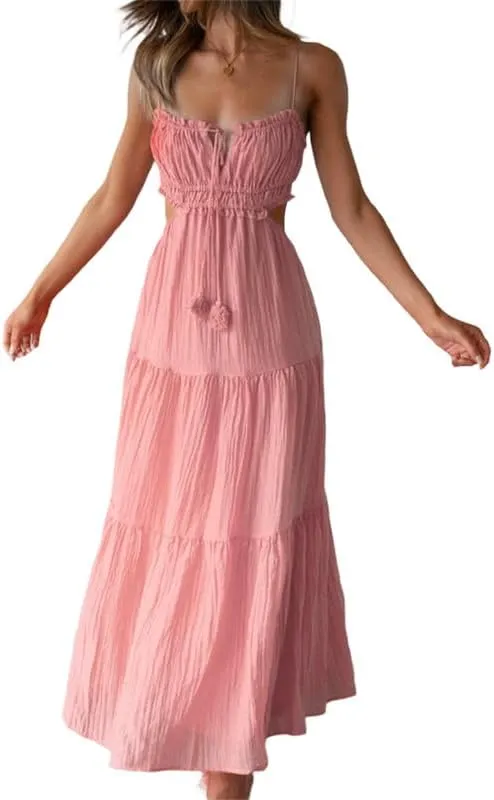 Women Y2K Spaghetti Strap Maxi Dress Ruffle Flowy Long Cami Dress Cut Out Ruched Tiered Slip Dress Beach Wear