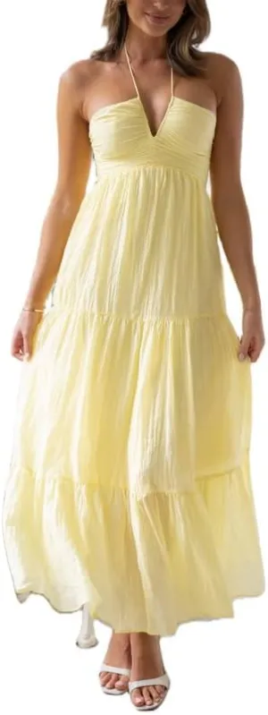 Women Y2K Spaghetti Strap Maxi Dress Ruffle Flowy Long Cami Dress Cut Out Ruched Tiered Slip Dress Beach Wear