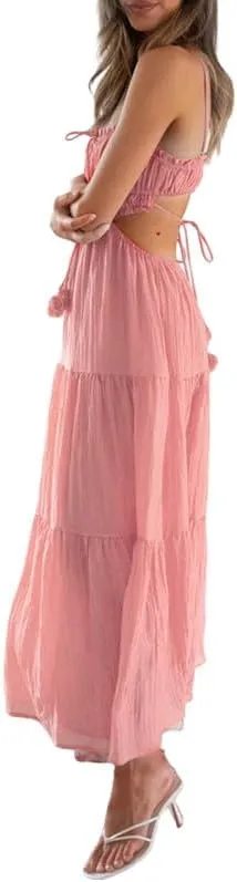 Women Y2K Spaghetti Strap Maxi Dress Ruffle Flowy Long Cami Dress Cut Out Ruched Tiered Slip Dress Beach Wear