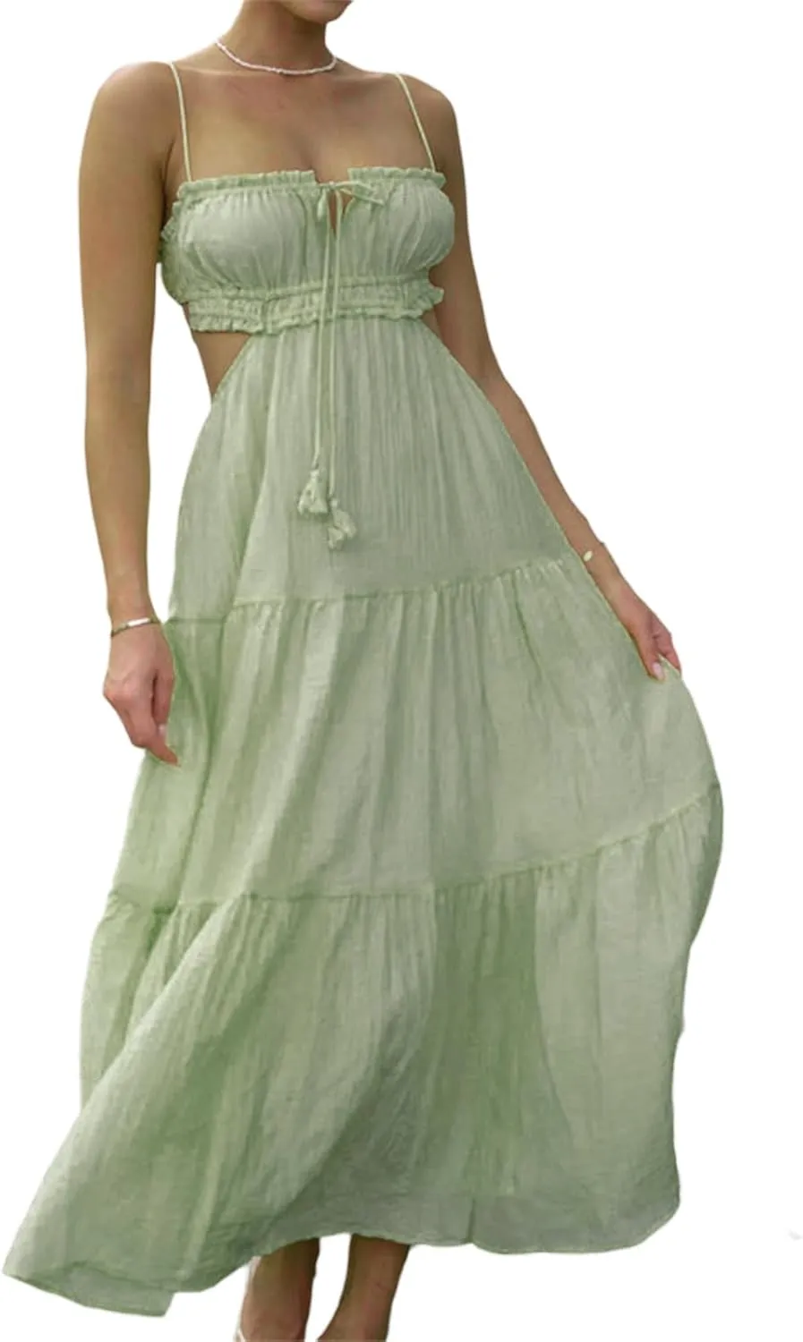 Women Y2K Spaghetti Strap Maxi Dress Ruffle Flowy Long Cami Dress Cut Out Ruched Tiered Slip Dress Beach Wear