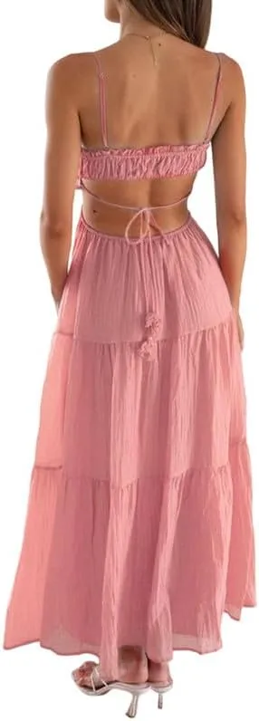 Women Y2K Spaghetti Strap Maxi Dress Ruffle Flowy Long Cami Dress Cut Out Ruched Tiered Slip Dress Beach Wear