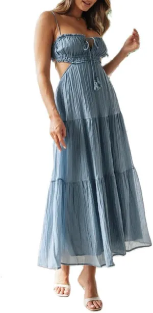 Women Y2K Spaghetti Strap Maxi Dress Ruffle Flowy Long Cami Dress Cut Out Ruched Tiered Slip Dress Beach Wear