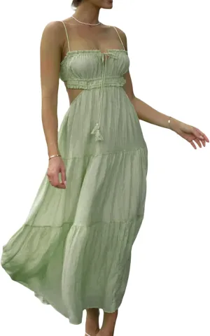 Women Y2K Spaghetti Strap Maxi Dress Ruffle Flowy Long Cami Dress Cut Out Ruched Tiered Slip Dress Beach Wear