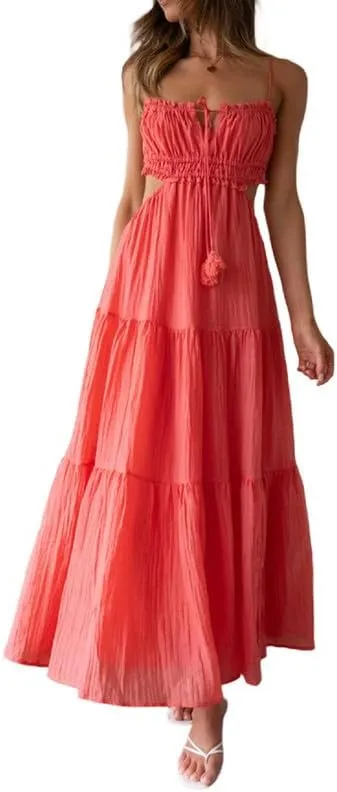 Women Y2K Spaghetti Strap Maxi Dress Ruffle Flowy Long Cami Dress Cut Out Ruched Tiered Slip Dress Beach Wear