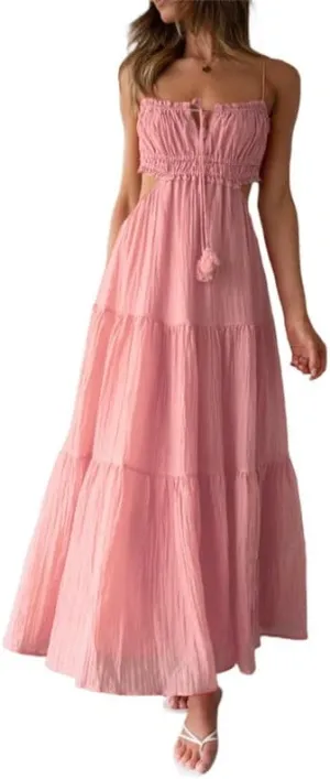 Women Y2K Spaghetti Strap Maxi Dress Ruffle Flowy Long Cami Dress Cut Out Ruched Tiered Slip Dress Beach Wear
