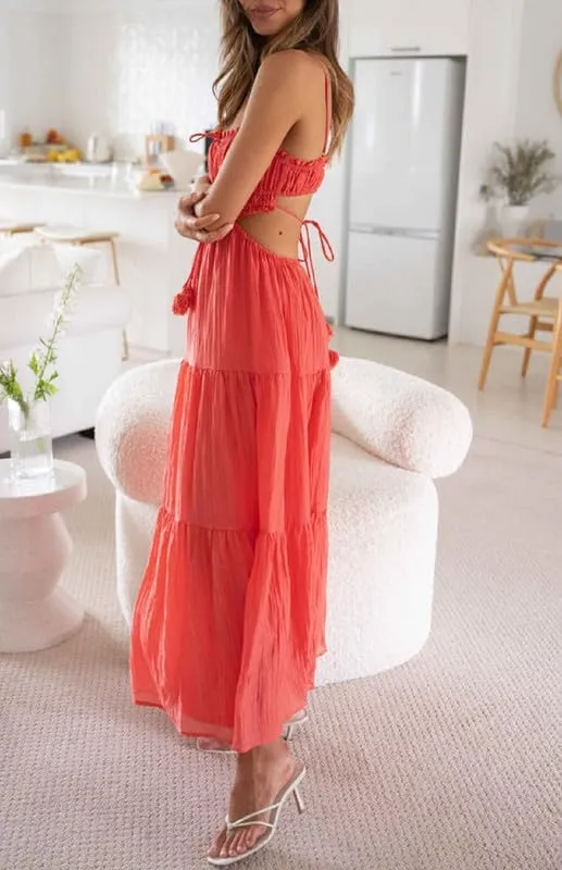 Women Y2K Spaghetti Strap Maxi Dress Ruffle Flowy Long Cami Dress Cut Out Ruched Tiered Slip Dress Beach Wear