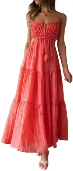 Women Y2K Spaghetti Strap Maxi Dress Ruffle Flowy Long Cami Dress Cut Out Ruched Tiered Slip Dress Beach Wear