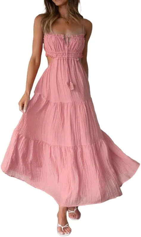 Women Y2K Spaghetti Strap Maxi Dress Ruffle Flowy Long Cami Dress Cut Out Ruched Tiered Slip Dress Beach Wear