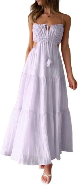 Women Y2K Spaghetti Strap Maxi Dress Ruffle Flowy Long Cami Dress Cut Out Ruched Tiered Slip Dress Beach Wear