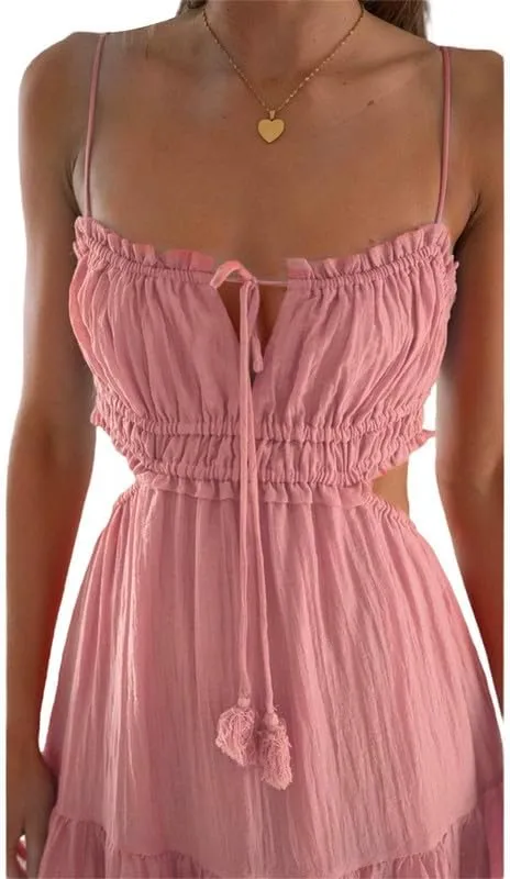 Women Y2K Spaghetti Strap Maxi Dress Ruffle Flowy Long Cami Dress Cut Out Ruched Tiered Slip Dress Beach Wear