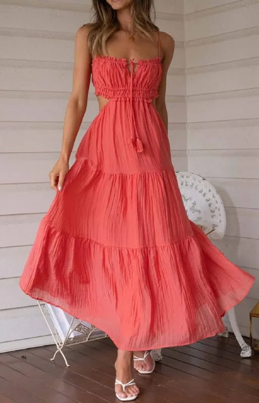 Women Y2K Spaghetti Strap Maxi Dress Ruffle Flowy Long Cami Dress Cut Out Ruched Tiered Slip Dress Beach Wear