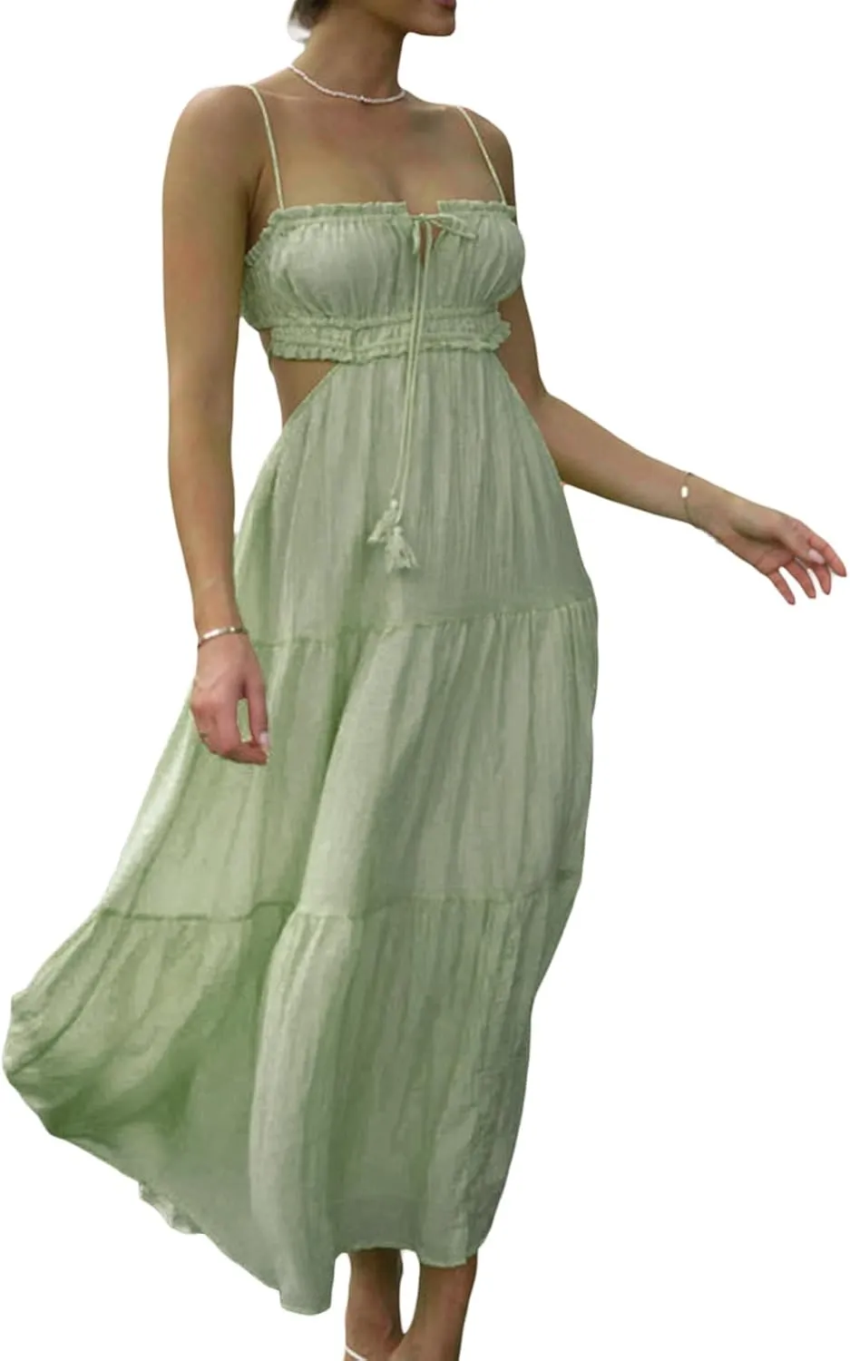 Women Y2K Spaghetti Strap Maxi Dress Ruffle Flowy Long Cami Dress Cut Out Ruched Tiered Slip Dress Beach Wear