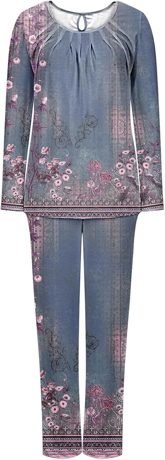 Womens 2 Piece Lounge Set Vintage Boho Floral Long Sleeve Shirts Long Pants Pajama Set Sleepwear Pjs Set with Pocket