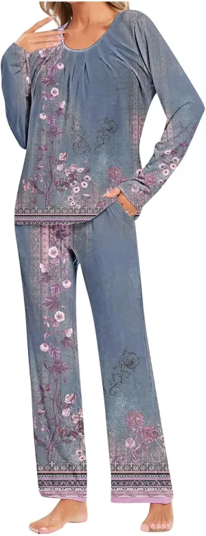 Womens 2 Piece Lounge Set Vintage Boho Floral Long Sleeve Shirts Long Pants Pajama Set Sleepwear Pjs Set with Pocket