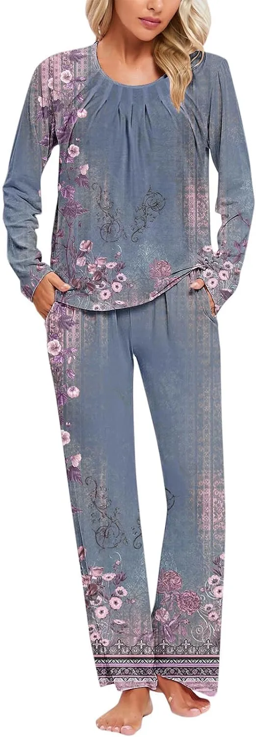 Womens 2 Piece Lounge Set Vintage Boho Floral Long Sleeve Shirts Long Pants Pajama Set Sleepwear Pjs Set with Pocket