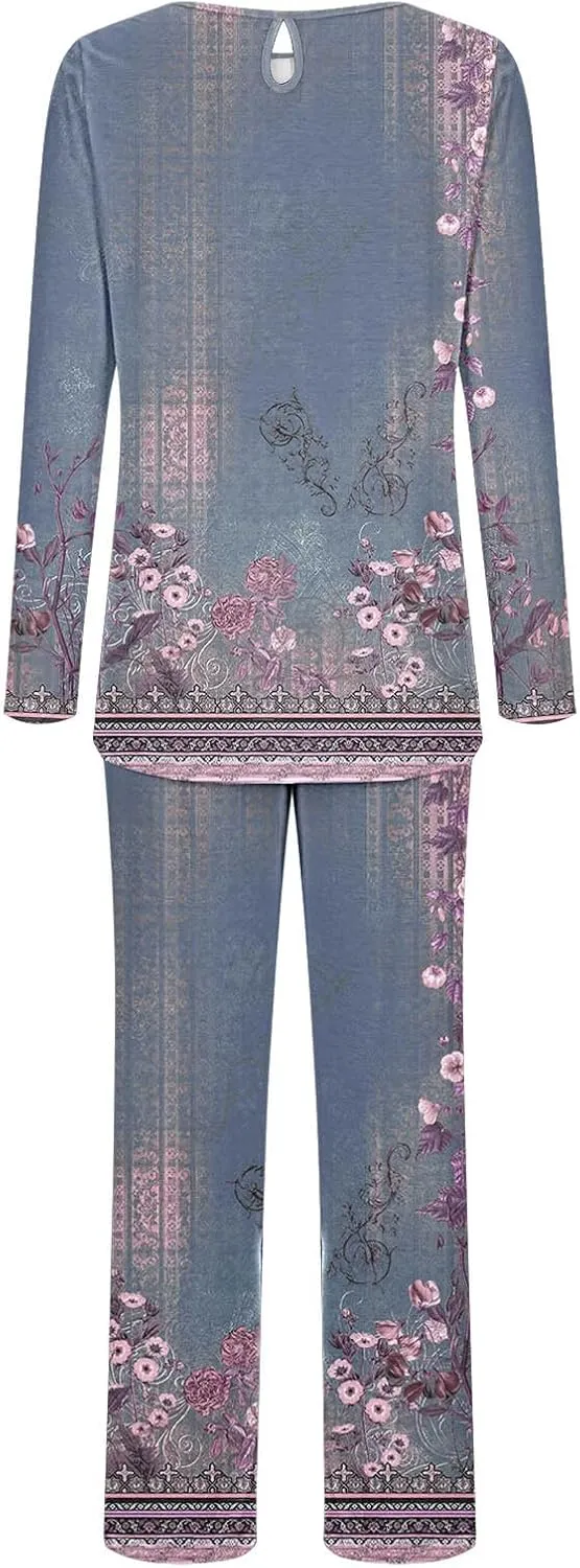 Womens 2 Piece Lounge Set Vintage Boho Floral Long Sleeve Shirts Long Pants Pajama Set Sleepwear Pjs Set with Pocket