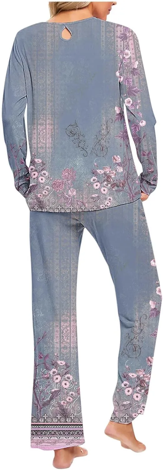 Womens 2 Piece Lounge Set Vintage Boho Floral Long Sleeve Shirts Long Pants Pajama Set Sleepwear Pjs Set with Pocket