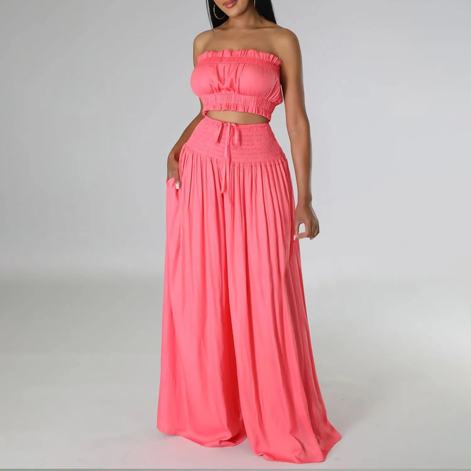 Women's 2 Piece Outfits Sleeveless Tube Strapless Crop Top and Fashion Wide Leg Pant Soft Lounge Matching Sets