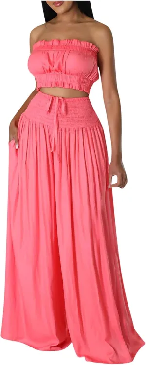 Women's 2 Piece Outfits Sleeveless Tube Strapless Crop Top and Fashion Wide Leg Pant Soft Lounge Matching Sets