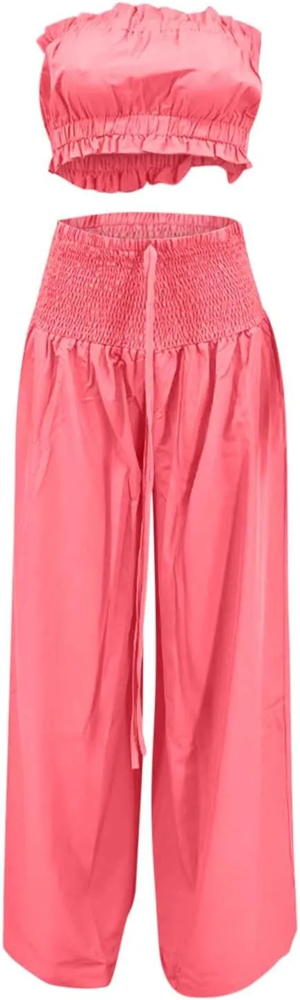 Women's 2 Piece Outfits Sleeveless Tube Strapless Crop Top and Fashion Wide Leg Pant Soft Lounge Matching Sets