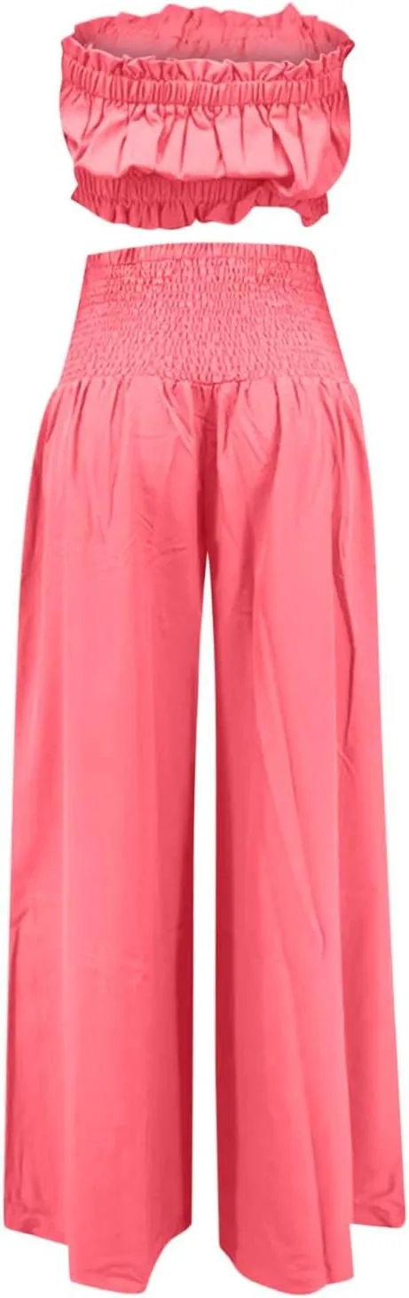 Women's 2 Piece Outfits Sleeveless Tube Strapless Crop Top and Fashion Wide Leg Pant Soft Lounge Matching Sets