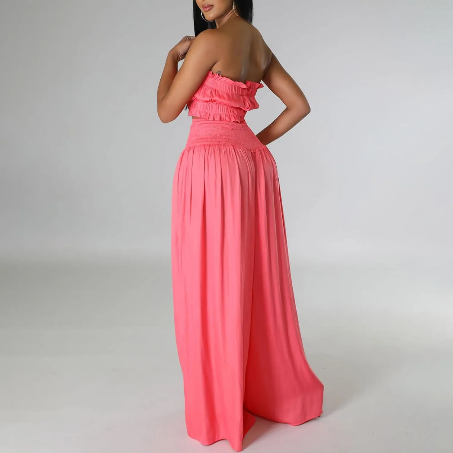 Women's 2 Piece Outfits Sleeveless Tube Strapless Crop Top and Fashion Wide Leg Pant Soft Lounge Matching Sets