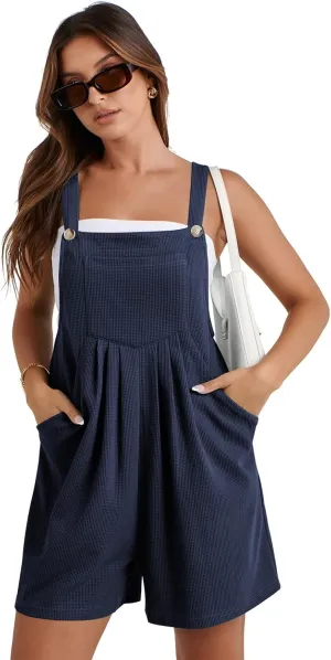 Women's 2025 Summer Casual Rompers Loose Waffle Knit Short Overalls Adjustable Strap Jumpsuit