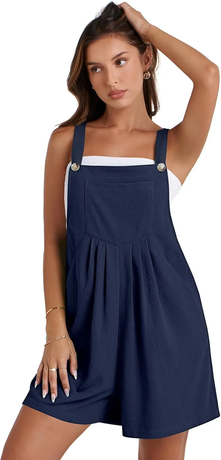Women's 2025 Summer Casual Rompers Loose Waffle Knit Short Overalls Adjustable Strap Jumpsuit