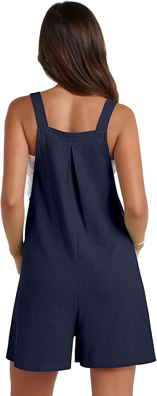 Women's 2025 Summer Casual Rompers Loose Waffle Knit Short Overalls Adjustable Strap Jumpsuit