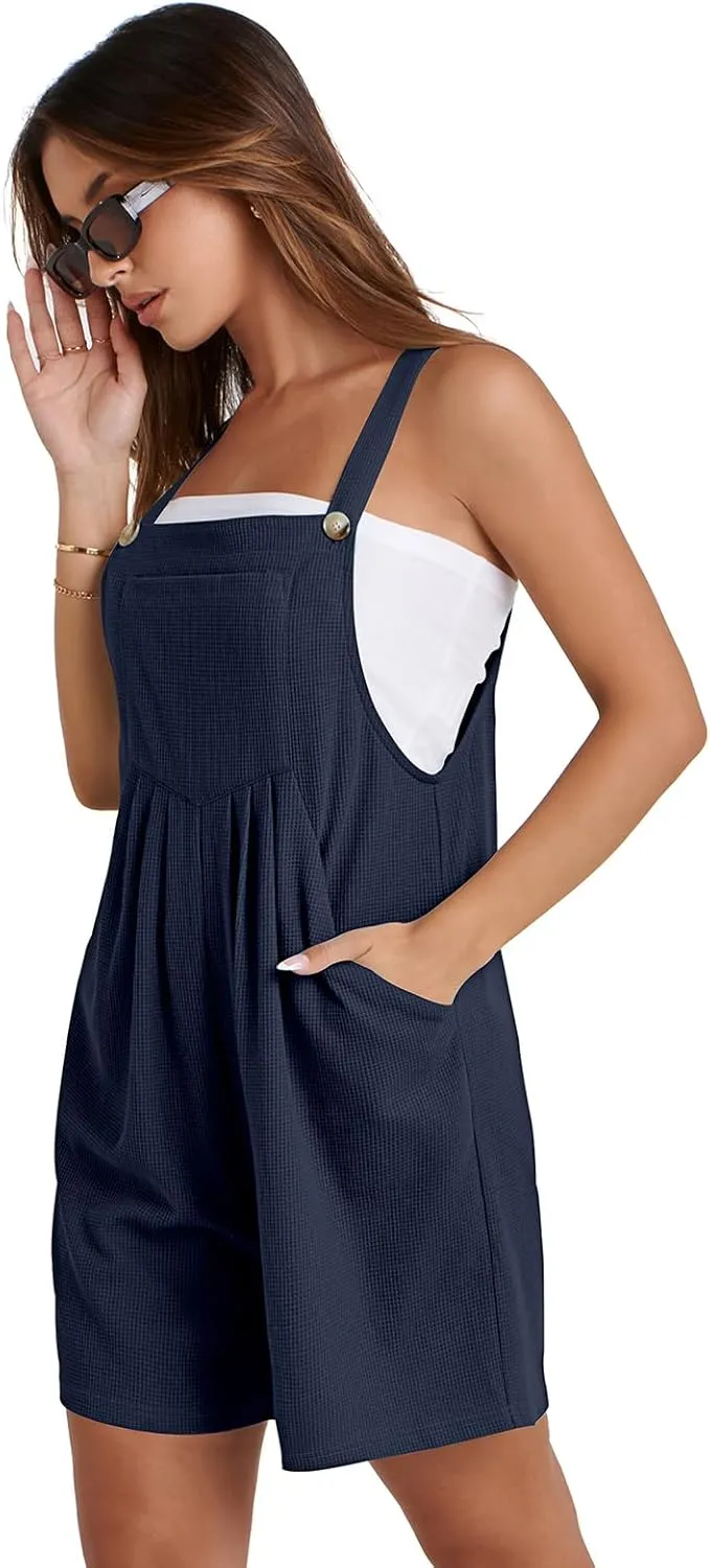 Women's 2025 Summer Casual Rompers Loose Waffle Knit Short Overalls Adjustable Strap Jumpsuit
