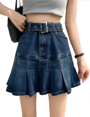 Women's A-Line Pleated Denim Jean Mini Skirt