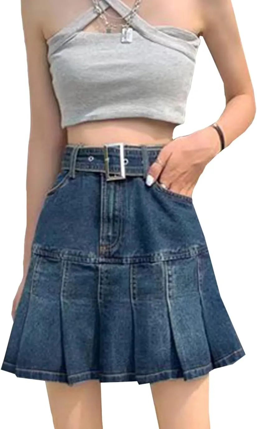 Women's A-Line Pleated Denim Jean Mini Skirt