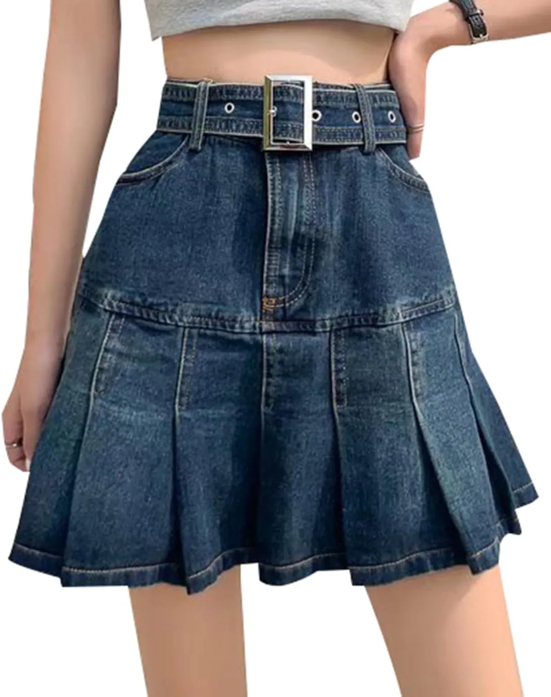 Women's A-Line Pleated Denim Jean Mini Skirt