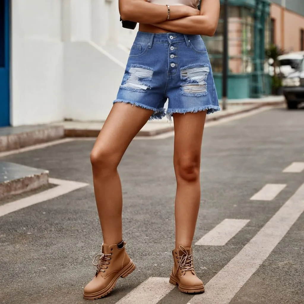 Women's American Flag Printed Distressed Denim Shorts High Waisted Cut Off Frayed Raw Hem Casual Jeans Boardshorts