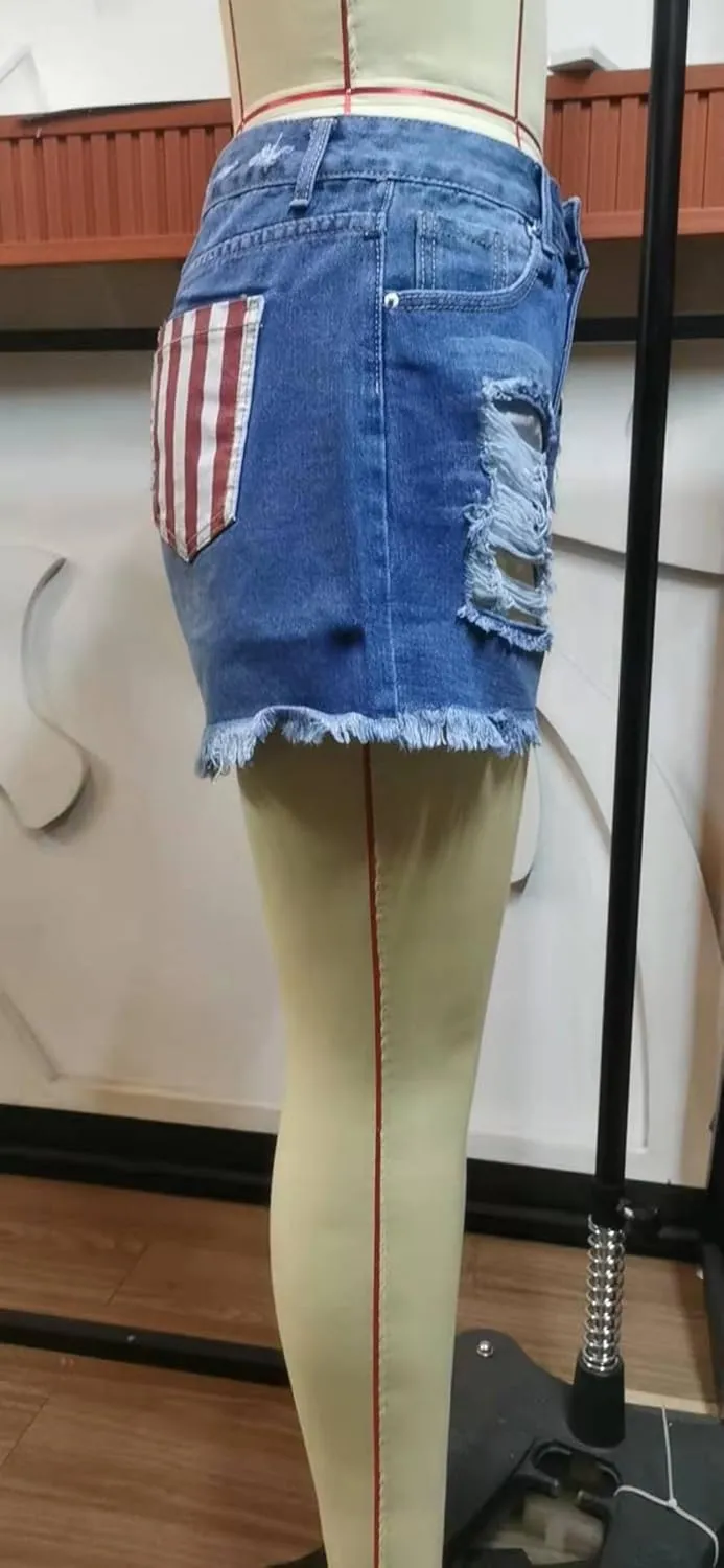 Women's American Flag Printed Distressed Denim Shorts High Waisted Cut Off Frayed Raw Hem Casual Jeans Boardshorts