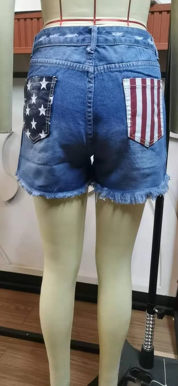Women's American Flag Printed Distressed Denim Shorts High Waisted Cut Off Frayed Raw Hem Casual Jeans Boardshorts