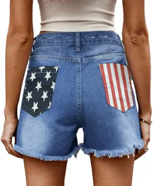 Women's American Flag Printed Distressed Denim Shorts High Waisted Cut Off Frayed Raw Hem Casual Jeans Boardshorts