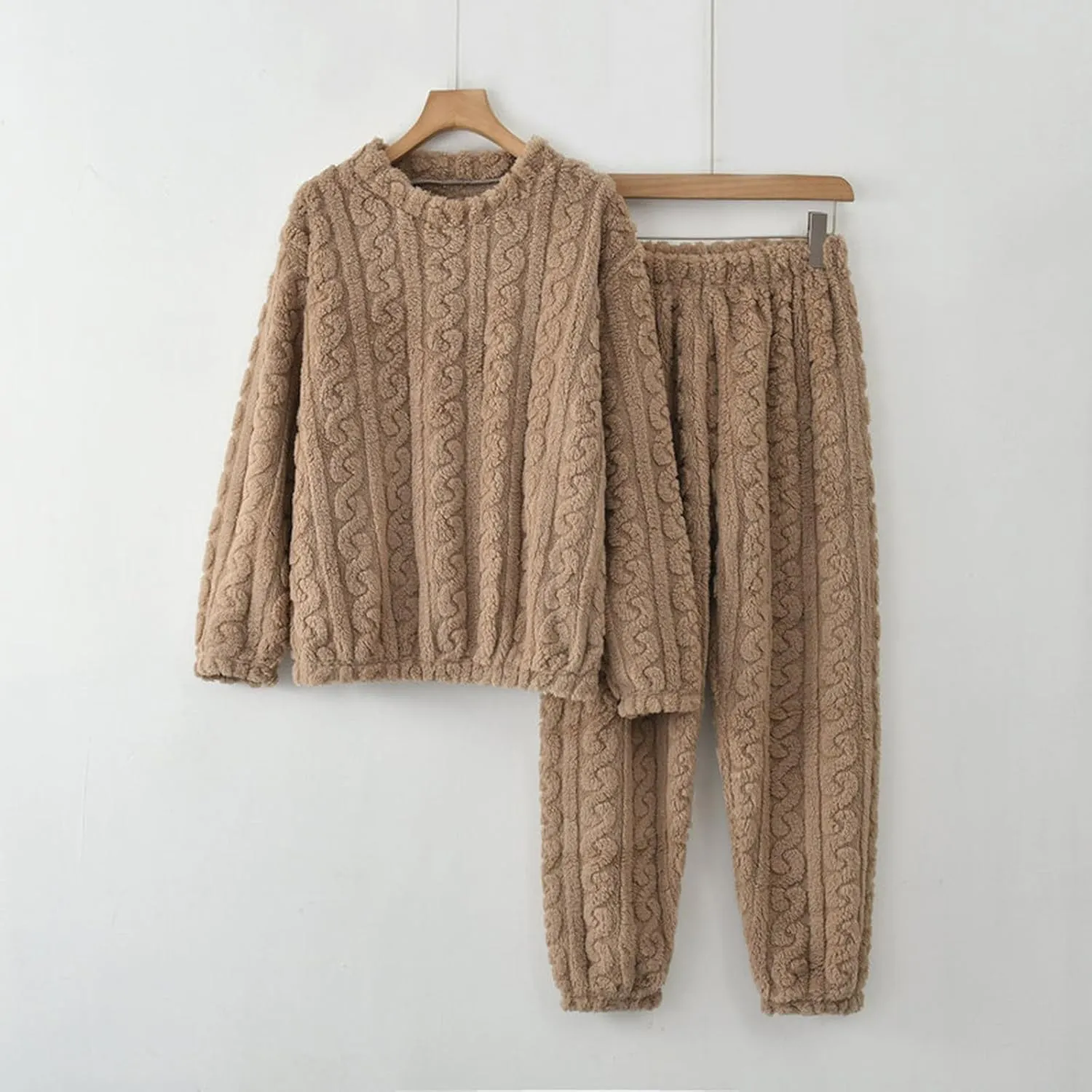 Womens Cable Knit Pajama Sets Fluffy Fleece Pullover Pants Soft Lounge Sets Winter Pajamas Sleepwear