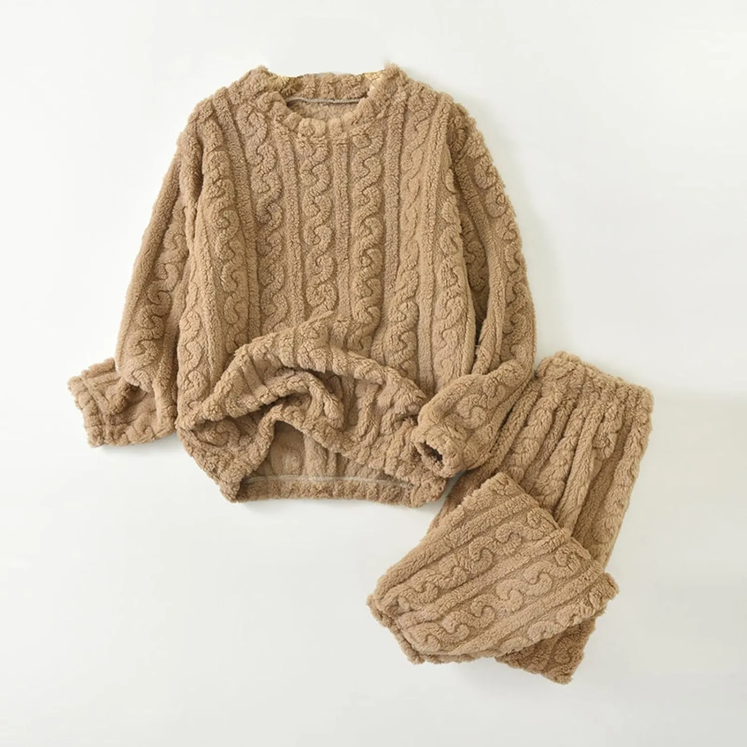 Womens Cable Knit Pajama Sets Fluffy Fleece Pullover Pants Soft Lounge Sets Winter Pajamas Sleepwear